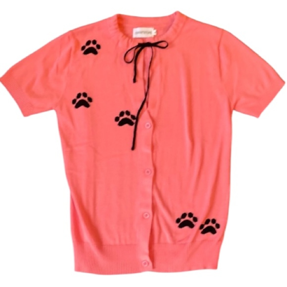 Fun & flirty Pink Cardigan with Black Paw Prints size medium by Oxknitstore